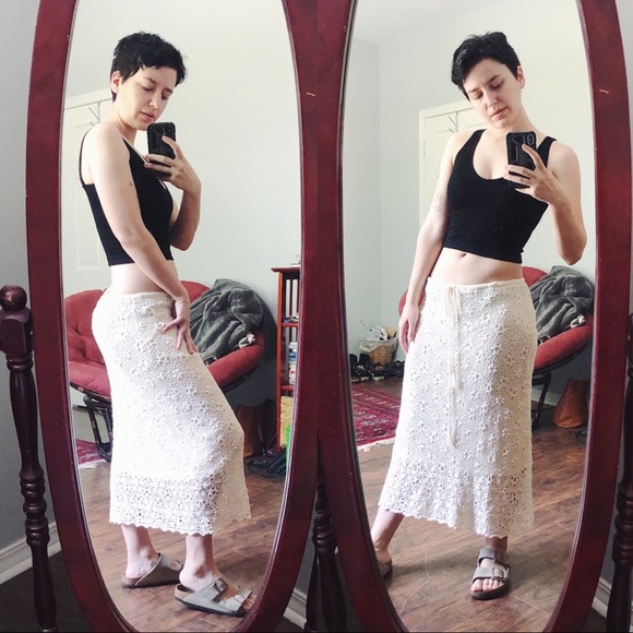 SOLD Rene Derhy • vintage crocheted skirt lace knit drawstring waist midi cream - Picture 4 of 14